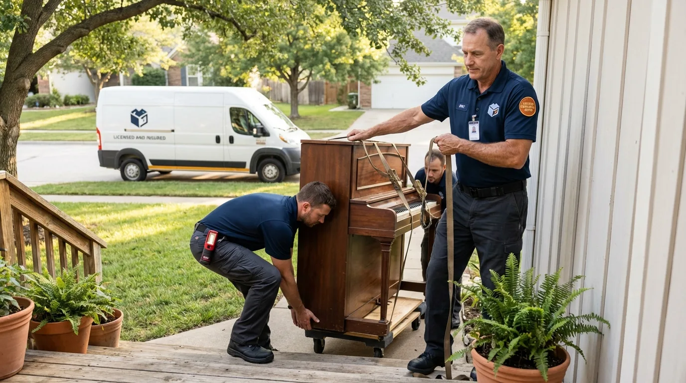 Licensed piano movers securing grand piano in Monticello, IL