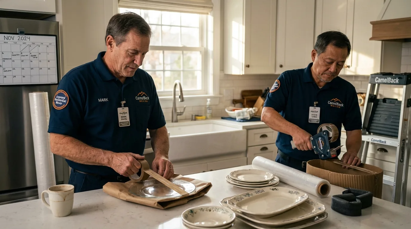 Professional crew packing kitchen dishware in Monticello, IL